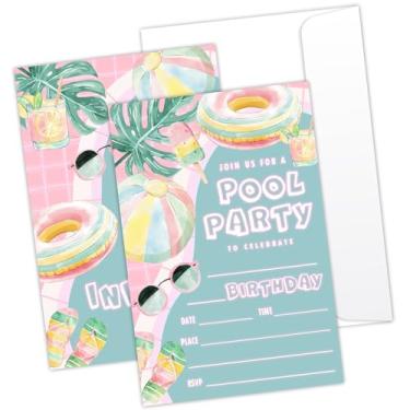 Imagem de LONLONBANG Convites de aniversário de festa na piscina, convites de festa de aniversário de verão para meninos, meninas, adolescentes, crianças, 20 convites de preenchimento com envelopes decoração de