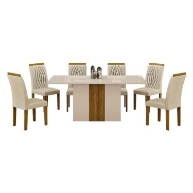 Imagem de Mesa de Jantar Doha 160x80 Reto Off White Freijó Decor Off com 6 Cadeiras Freijó Joli Palha - Leifer Móveis