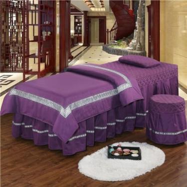 Imagem de Conjuntos de lençóis de mesa de massagem spa beleza capa de cama 4 peças microfibra massagem saia de cama macia cor sólida colchas salão fumigação roupa de cama conjunto de cama com furo colcha fronha