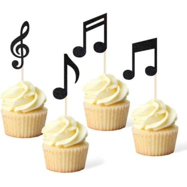 Imagem de 36 peças de topo de cupcake com notas musicais, tema de música pop rock com glitter preto, palitos de cupcake, tema de concerto, decoração de bolo de aniversário, suprimentos para chá de bebê, artigos