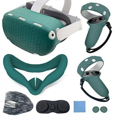 Imagem de JYMEGOVR Capa de silicone para Oculus Quest 2, acessórios de capa protetora para Meta VR, capa macia de várias cores, alças de controle e conjunto de capa facial (verde)