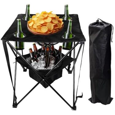 Imagem de OVENTE Mesa de acampamento dobrável dobrável com refrigerador isolado, 4 suportes para copos, cesta de comida e bolsa de viagem, mesa portátil para pesca, churrasco ao ar livre ou festas na praia,