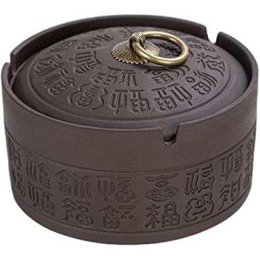 Imagem de Cinzeiro de cerâmica com tampa, cinzeiro de cerâmica redondo pequeno à prova de vento com 3 compartimentos de suporte, suporte de cinzas para fumantes 11,6 cm de diâmetro