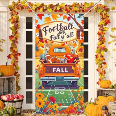 Imagem de BlissYard Football and Fall Y'all Capa de porta de Ação de Graças Pano de Fundo Laranja Caminhão Capacete Campo 71 x 35 polegadas Outono Futebol Decoração Banner para Decoração de Parede de Varanda