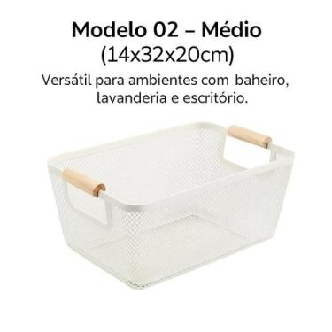Imagem de Cesto Caixa Organizadora Multiuso Plástica Branca com Alça de Madeira 