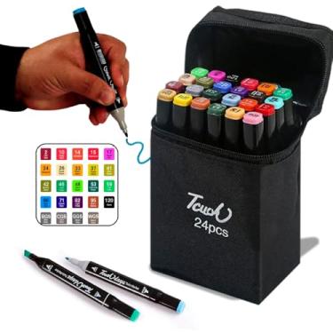 Imagem de Canetinha Ponta Dupla Duas Pontas para Colorir Kit Estojo de Canetas Escolar Marcador Coloridas Permanente (24)