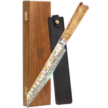 Imagem de YOUSUNLONG Faca De Fatiar Sujihiki - Faca De Sushi Para Sashimi De 8 Polegadas - Aço Damasco De Cobre Feito À Mão - Facas De Trinchar Japonesas Yanagiba Ultra Afiadas - Cabo De Madeira Natural Com