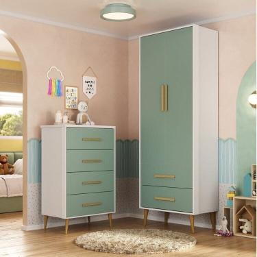 Imagem de Quarto Infantil Completo Guarda-Roupa 2 Portas 2 Gavetas com Cômoda Magia Espresso Móveis Rosa/Branco