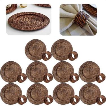 Imagem de Kit 10 Sousplat Redondo E 10 Anéis Guardanapo Bambu Rattan Marron Escu