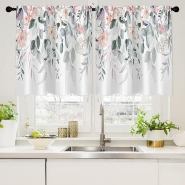 Imagem de Conjuntos de cortinas de cozinha florais de folhas de eucalipto para janelas sobre a pia sálvia folhas verdes flores cortinas curtas para janela de banheiro pequena primavera verão camadas de meio