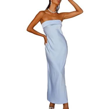 Imagem de Realtix Vestido longo feminino de cetim com costas nuas, costas nuas, vazado, elegante, sem alças, vestido longo para convidada de casamento, Azul, M