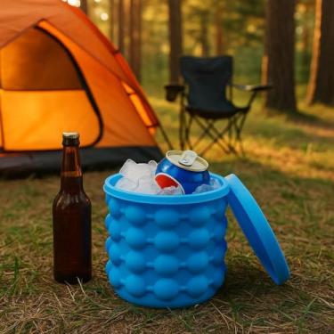 Imagem de Balde de Gelo Silicone Térmico 2 em 1 Azul Portátil 120 Cubos Resfriador Bebidas Freezer Compacto