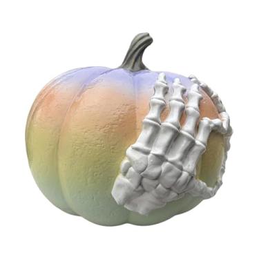 Imagem de WeiLaiKeQi Estátua de abóbora de Halloween com mãos de esqueleto, decoração para prateleira, centro de mesa, ornamento de exibição de lareira, Amarelo