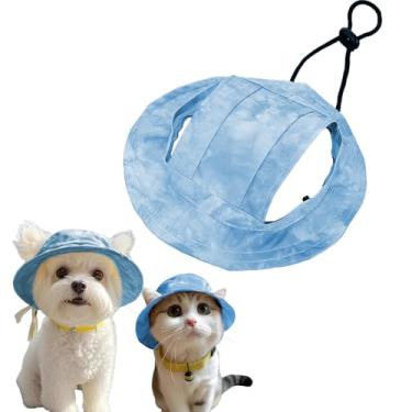 Imagem de JINGYAN Chapéu de sol para cães com orifícios para orelhas, chapéu de verão com viseira de praia, chapéu de pescador ajustável de algodão tie-dye pequeno e médio para caminhadas, praia e acampamento