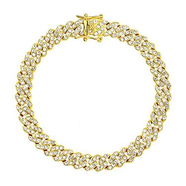 Imagem de kelistom Pulseira de tornozeleira de elos cubanos para mulheres, homens, adolescentes, meninas, meninos, hip-hop, banhado a ouro 18 quilates/branco, corrente com strass, corrente preenchida com