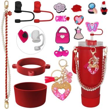 Imagem de DiamondArtZone Conjunto de acessórios de copo para copo Stanley de 850 g e 1,134 g, cordão de alça à prova de queda de garrafa de água, pingentes de bota Stanley Bow Straw Cover Topper, presente para