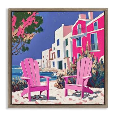 Imagem de Stupell Industries Cadeira de praia Meetup em tela flutuante emoldurada rosa marrom design de arte de parede por Annabelle Hall, 63 x 63 cm