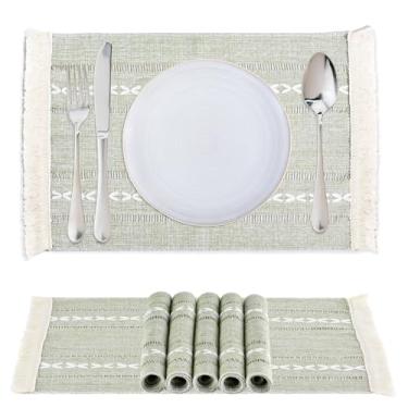 Imagem de Conjunto de 6 jogos americanos Boho com franja, tapetes de mesa de linho de algodão laváveis para mesa de jantar, decoração de cozinha rústica de fazenda, decoração de casa