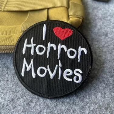 Imagem de Patch de filme I Love Horror, 1 peça de adesivos engraçados de meme, remendo tático de moral militar com gancho de fixador, acessórios fofos para mochilas, coletes, jaquetas, jeans, chapéus
