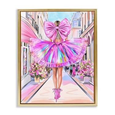 Imagem de Stupell Industries Arte de parede em tela flutuante com laço rosa prismático e vestido dourado por Jess Stempel, 53 x 43 cm