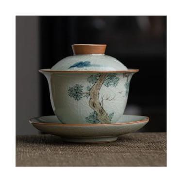 Imagem de Xícara de chá chinesa pintada à mão pinho antigo tigela de chá de cerâmica Gaiwan tigela de chá chinesa para colegas, amigos, presente para casa xícaras de chá com tampa