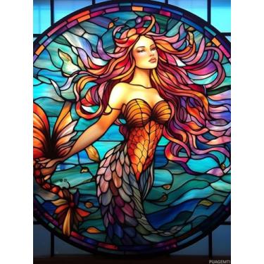 Imagem de PUAGEMTI Kits de pintura de diamante de sereia de beleza 5D para adultos iniciantes, vitrais de sereia, linda, faça você mesmo, broca redonda completa por números, kits de artes e artesanato para