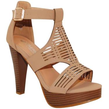 Imagem de TRENDSUP Sandália plataforma feminina, bico aberto, tira no tornozelo, salto empilhado, design recortado, Nobuck marrom, 40