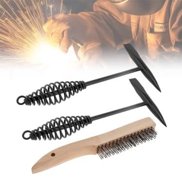 Imagem de Martelo de solda com alça de mola helicoidal para soldagem, cone e cinzel vertical, com escova de arame (2 peças de martelo de soldagem com 1 escova de arame de 25 cm)