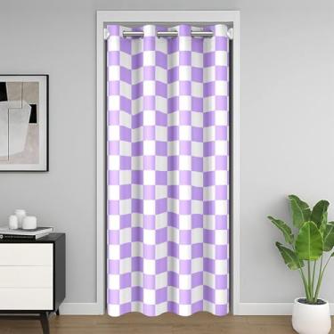 Imagem de Cortina de porta infantil quadriculada geométrica, xadrez, xadrez, quadrados, patchwork, cortina blackout para porta de quarto, sala de estar, moderna, chique, roxo, sonhador, privacidade, 1 painel