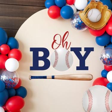 Imagem de Decorações de chá de bebê de beisebol - Oh Boy Sign for Backdrop Balloons Arch Decal, Oh Boy Baby Shower Decoration for Boys, Baseball Sport Theme First Birthday Decorations, 1st Party Banner Supplies