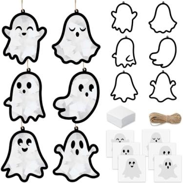 Imagem de JarThenaAMCS 24 conjuntos de kits de artesanato de papel de seda de Halloween, faça você mesmo, conjunto de artesanato fantasma com adesivo de recorte de papel, corda de cânhamo para festas de fim de