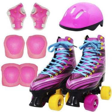 Imagem de Kit Patins Clássico Quad 4 Rodas Roller + Acessórios Feminino Rosa Tam