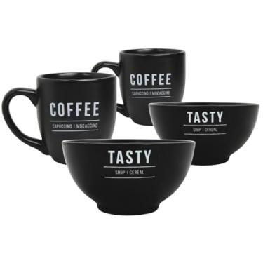 Imagem de Kit De Canecas Em Porcelana Preta 300ml Com Bowls 440ml Sopa Café Da Manhã Chá Bebida Quente (2, Preto)