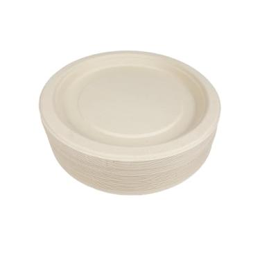 Imagem de Pratos de sobremesa compostáveis com 50 unidades, bagaço biodegradável cru resistente e pratos de papel de fibra de bambu (23 cm)