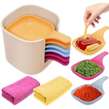 Imagem de noeofiifo 6 peças de prato de plástico com caixa de armazenamento - Mini pratos de molho de tempero de cozinha doméstica com alça, prato de molho de soja para amostra, ketchup, soja, churrasco e