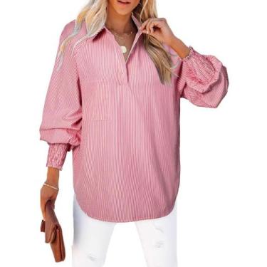 Imagem de Camisa elegante, feminina, casual, listrada, com decote em V, blusa de