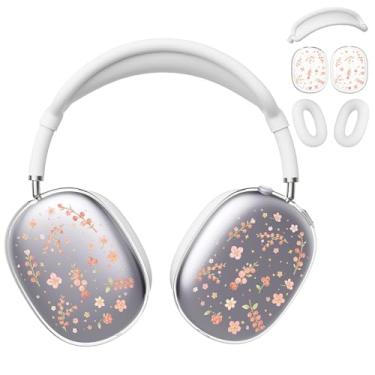 Imagem de BlHMCASE Capa de fone de ouvido para AirPods Max, capas de fone de ouvido com flores fofas e transparentes, capa de silicone branca para fones de ouvido para Apple AirPods Max
