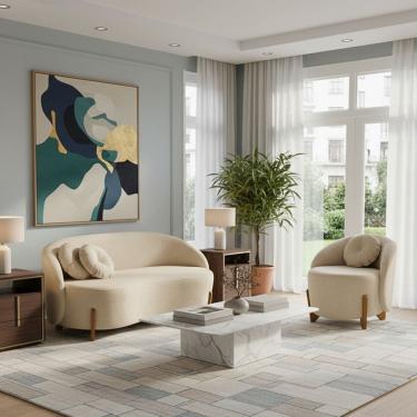 Imagem de Conjunto 01 Poltrona + Sofá Curvo Orgânico Amsterdã Bouclê Bege - Montanari`s Decor