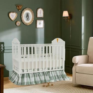 Imagem de Brandream Saia de berço Gingham reunida, bebê, menina, saia de berço de gênero neutro, 100% algodão, 4 lados, verde buffalo, xadrez, saia de cama infantil chique fazenda para berçário