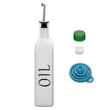 Imagem de 1 garrafa dispensadora de azeitona de 500 ml, conjunto dispensador de óleo de vidro e vinagre de 500 ml com 1 dosador de aço inoxidável, frascos de funil para cozinha (óleo branco)
