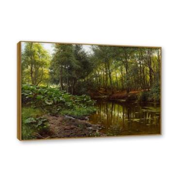 Imagem de Moldura externa de teca. Famosas pinturas a óleo, (Summer Forest Stream 2) por Peder Mork Monsted, reprodução impressa em tela, arte de cenário para decoração de sala de estar. 50 x 70 cm - 19,6 x