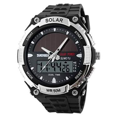 Imagem de MASTOP Relógio Solar Multifuncional Masculino Dual Time Display Militar LED Impermeável (Preto)