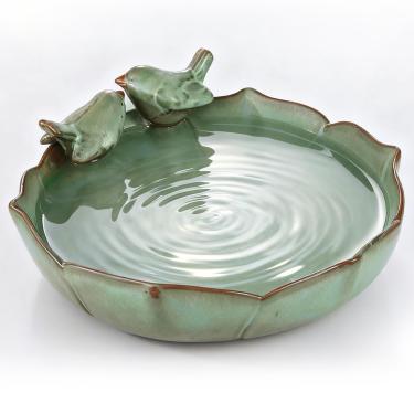 Imagem de Tigela de banho de cerâmica para pássaros para uso externo – bacia verde resistente para banhos de pássaros de 25 cm, prato de água moído ou de mesa e alimentador para pássaros, abelhas e borboletas
