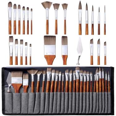 Imagem de tumuarta Conjunto de pincéis para pintura a óleo, aquarela, guache e acrílico, 24 peças com espátula, cerdas sintéticas, várias formas, rolo de armazenamento portátil