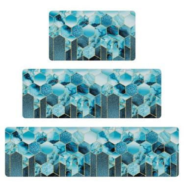 Imagem de XLHOMO Tapetes de cozinha – Conjuntos de 3 tapetes de cozinha, de couro nappa, à prova d'água, tapete de cozinha azul-petróleo para cozinha, entrada, banheiro, sala de estar (44 x 76 cm + 44 x 119 cm