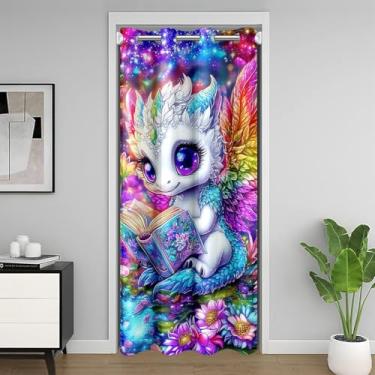 Imagem de Cortina de porta de dragão com desenho animado para jovens e adultos, cortina blackout animal da vida selvagem ocidental 86 cm L x 203 cm C, porta de armário com flores em aquarela