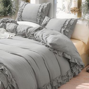 Imagem de Bedorm Jogo de cama queen cinza, boêmio, babados, cinza, franja, chique, supermacio, aconchegante, lavado, microfibra lavada, moderno, com babados, edredom com fronhas