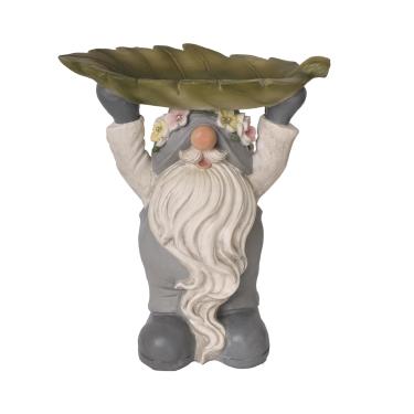 Imagem de Alimentador decorativo de pássaros gnomo com prato em forma de folha de resina - decoração externa de gnomo de jardim resistente, ornamento de gramado à prova de intempéries para atrair pássaros para