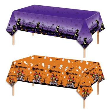 Imagem de 2 peças de toalha de mesa descartável de plástico para Halloween, toalhas de mesa de plástico assustadoras, roxo, preto e laranja, preto com morcego assustador, casa fantasma, teia de aranha, toalha