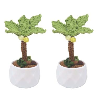 Imagem de Magicherry Vaso de coqueiro feito à mão em crochê, flores artificiais tricotadas para sempre, com vaso requintado, coqueiro falso para decoração de painel de carro de escritório em casa, verde, 2